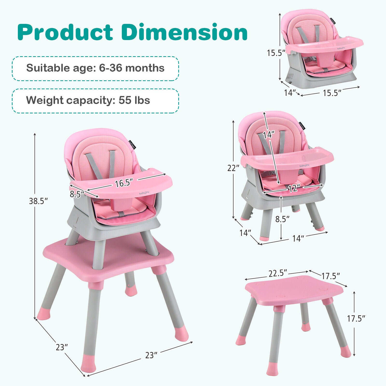 6-in-1 Convertible Baby High Chair with Adjustable Removable Tray-Pink