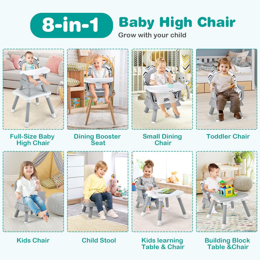 6-in-1 Convertible Baby High Chair with Adjustable Removable Tray-Gray & White