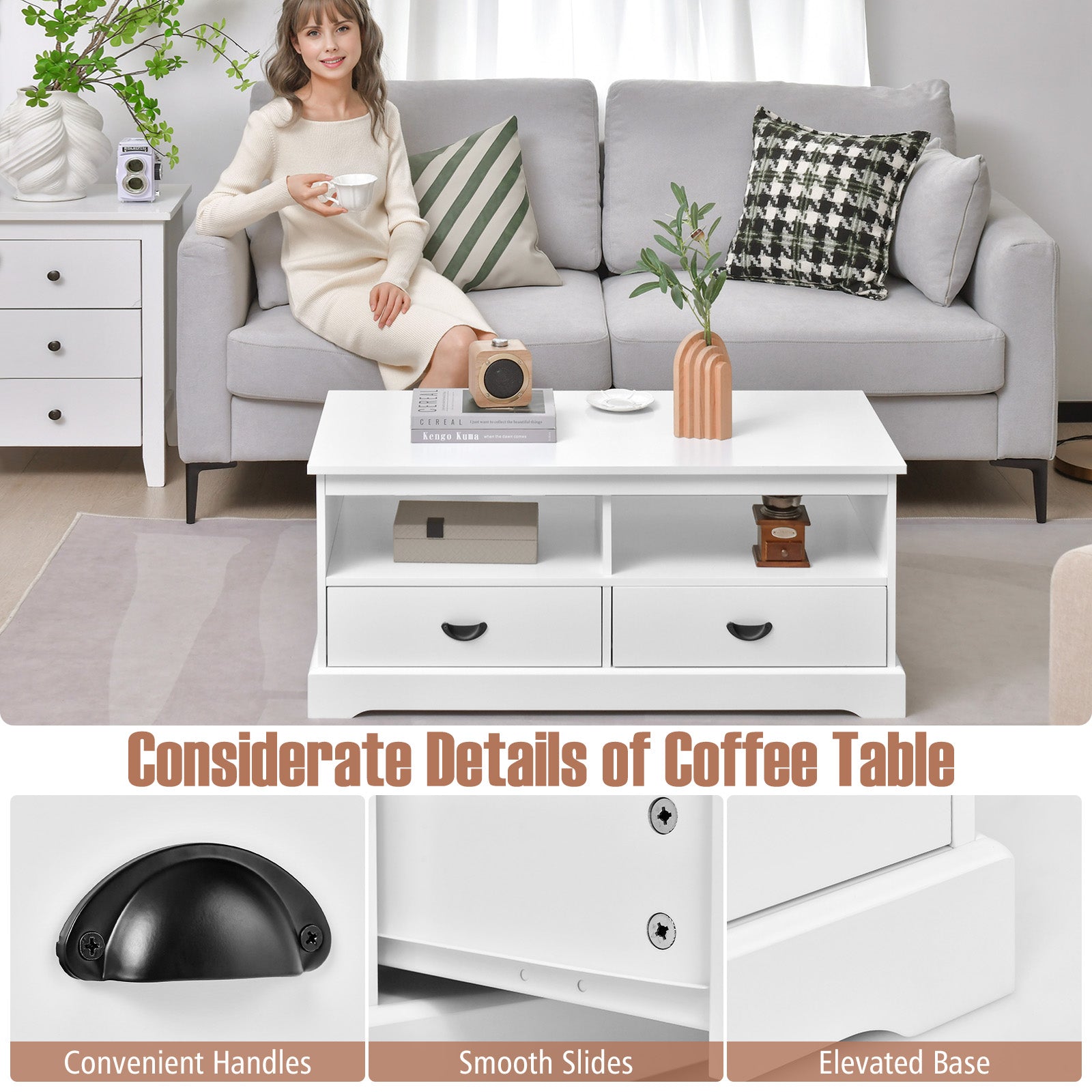 Modern Coffee Table with Drawers and Open Cubies-White