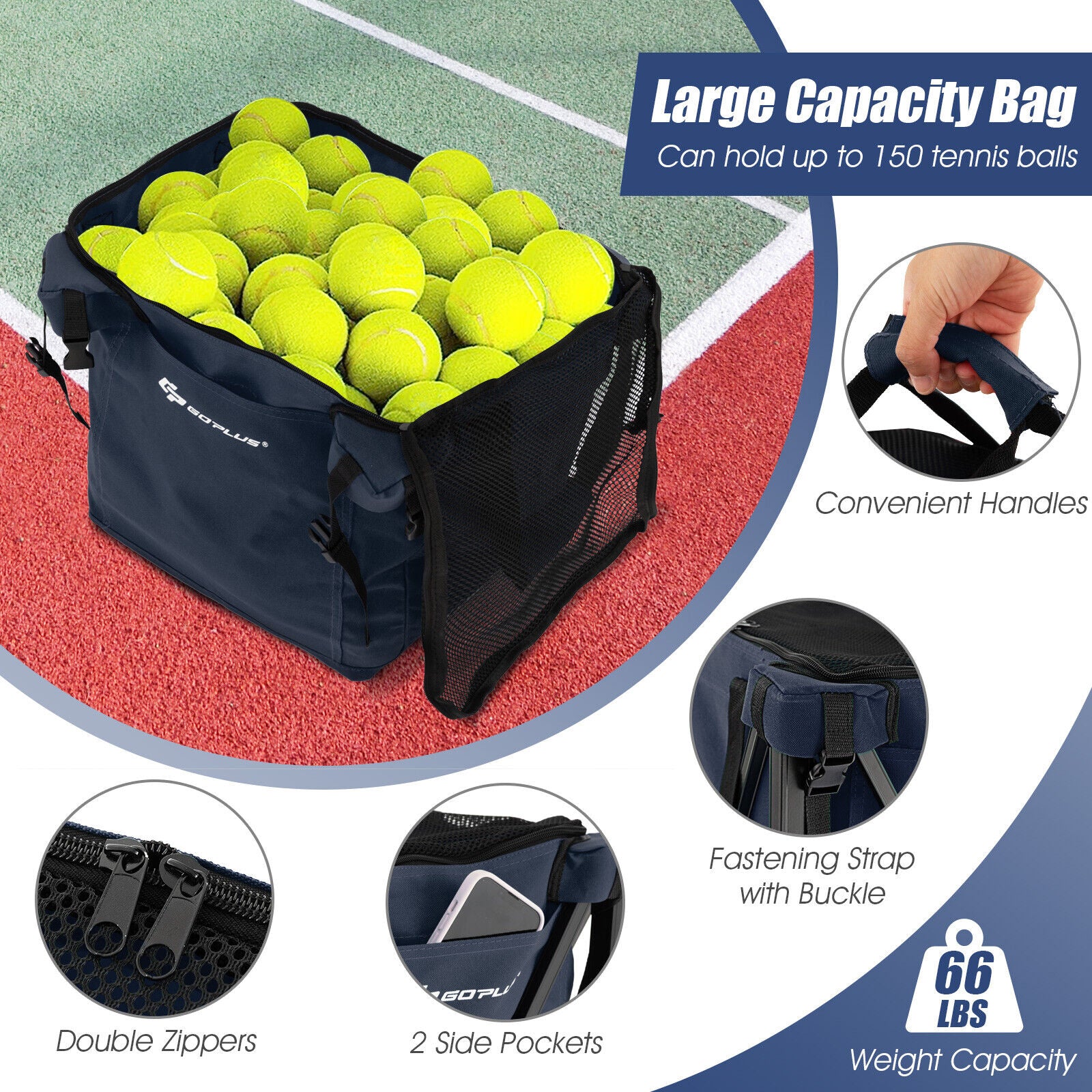 Lightweight Foldable Tennis Ball Teaching Cart with Wheels and Removable Bag-Blue
