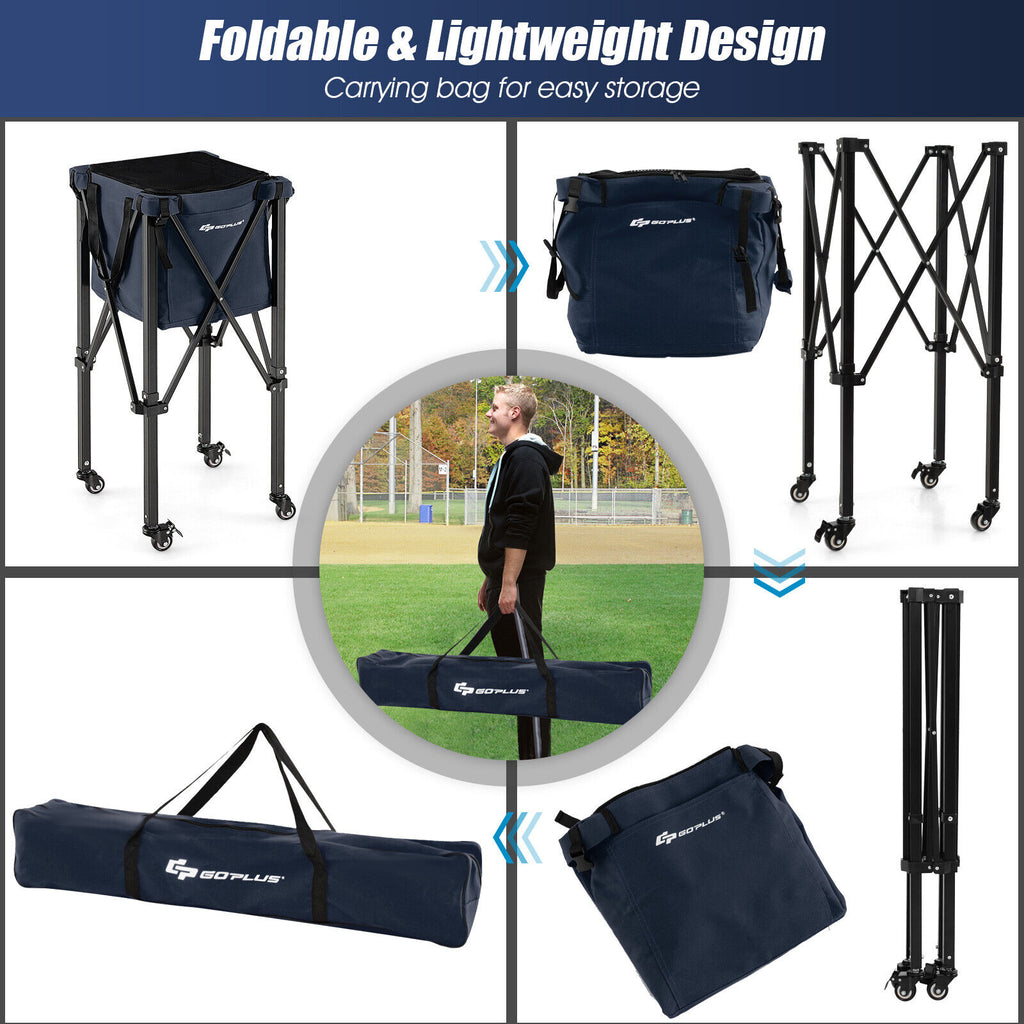 Lightweight Foldable Tennis Ball Teaching Cart with Wheels and Removable Bag-Blue