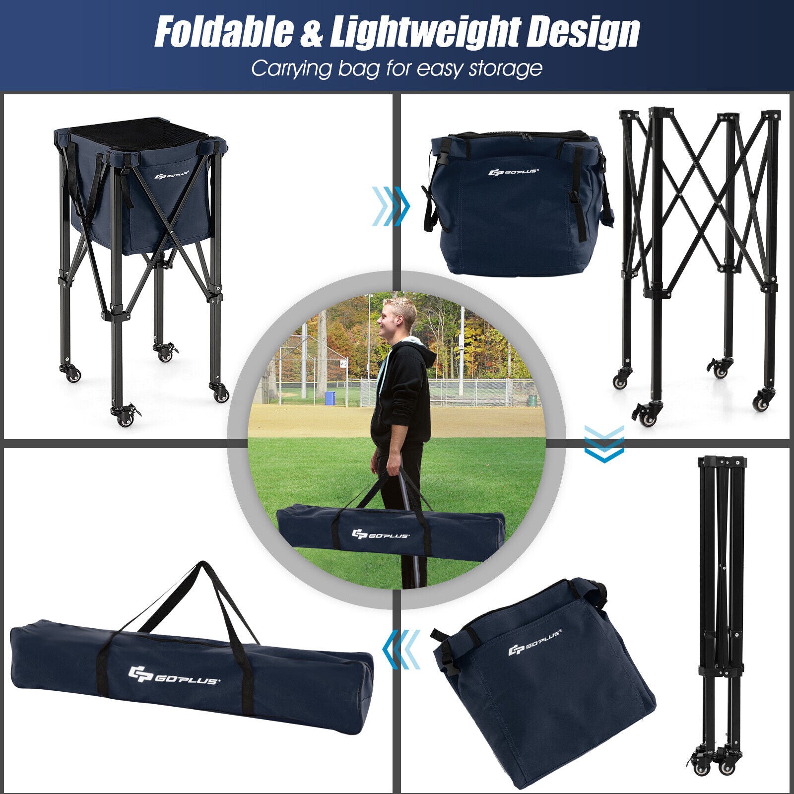Lightweight Foldable Tennis Ball Teaching Cart with Wheels and Removable Bag-Blue