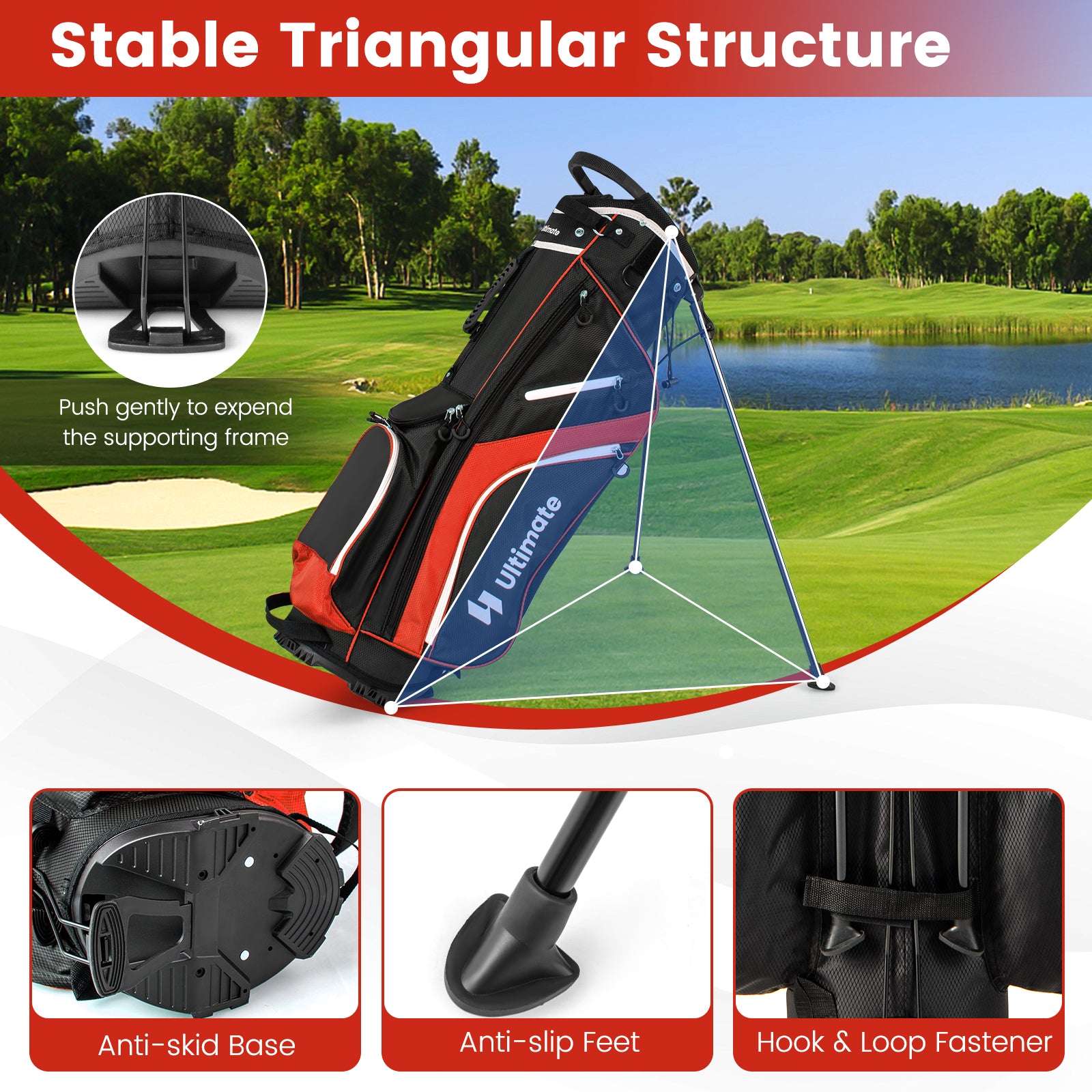 Lightweight Golf Stand Bag with 14 Way Top Dividers and 6 Pockets-Red