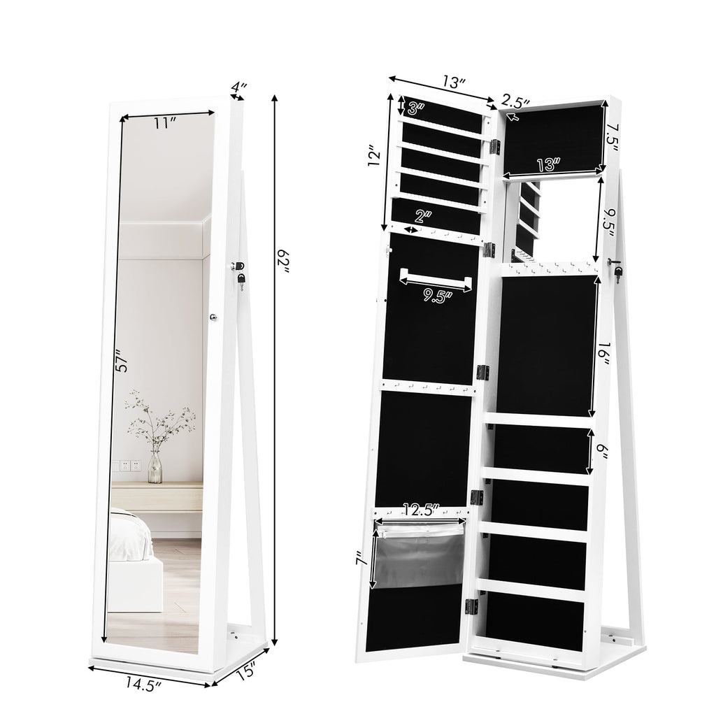 Lockable Freestanding Jewelry Armoire with Full Length Mirror-White