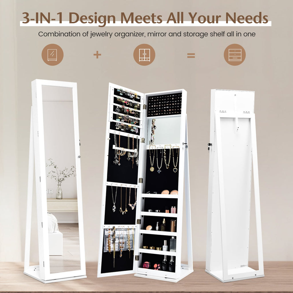 Lockable Freestanding Jewelry Armoire with Full Length Mirror-White