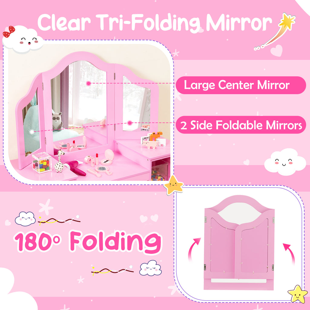 Kids Vanity Table and Chair Set with Removable Tri-Folding Mirror-Pink