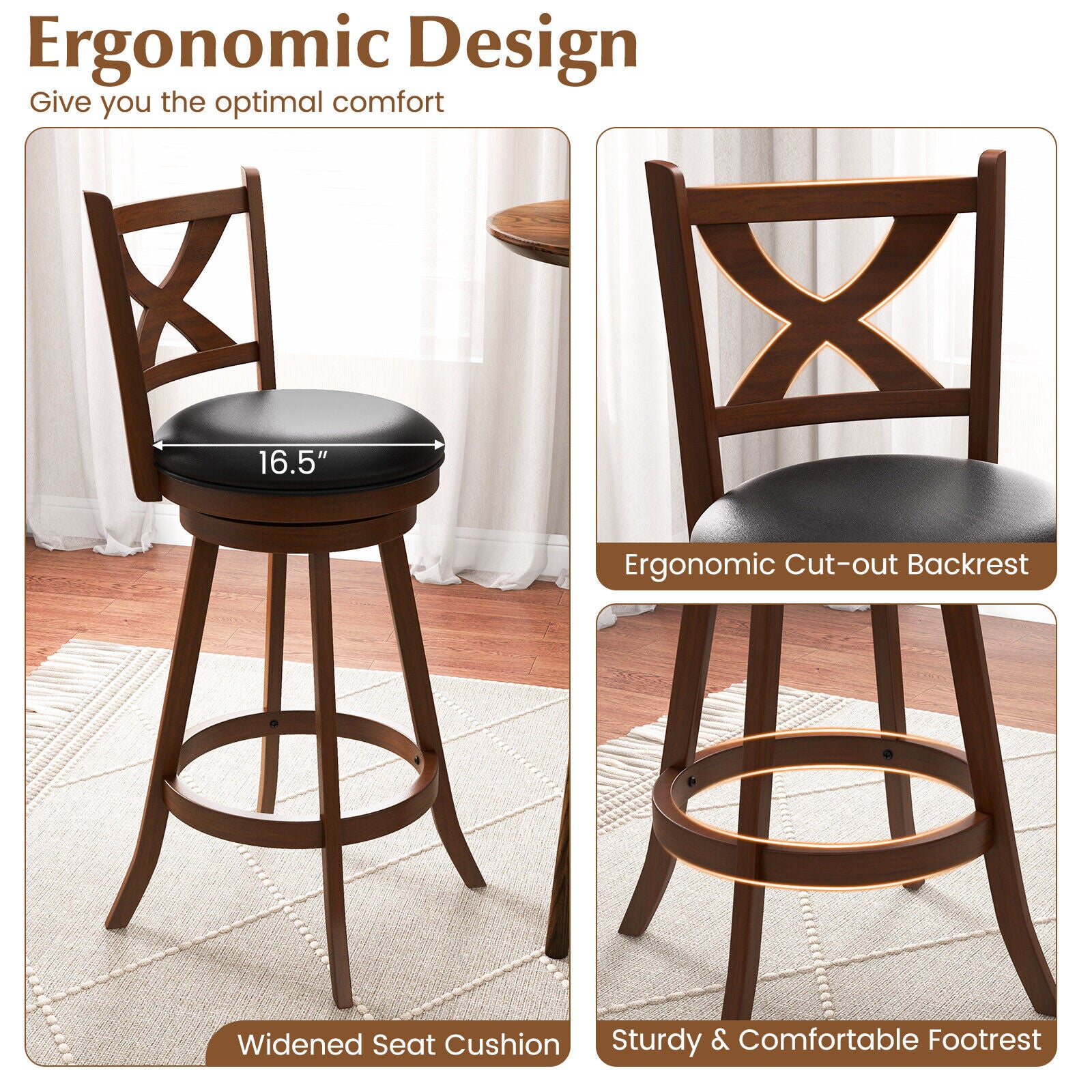 2 Pieces Classic Counter Height Swivel Bar Stool Set with X-shaped Open Back-L