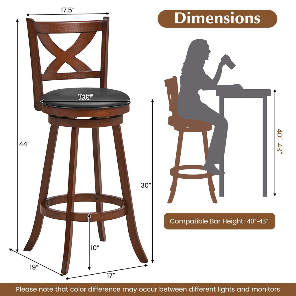 2 Pieces Classic Counter Height Swivel Bar Stool Set with X-shaped Open Back-L