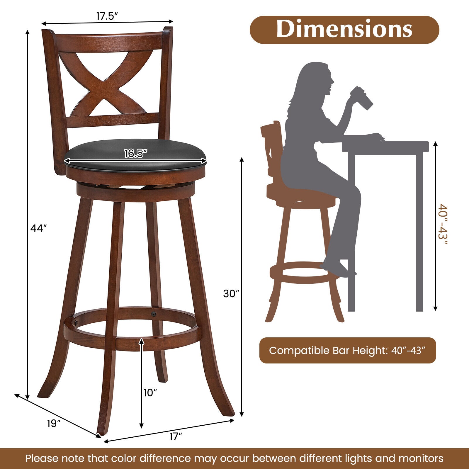 2 Pieces Classic Counter Height Swivel Bar Stool Set with X-shaped Open Back-L