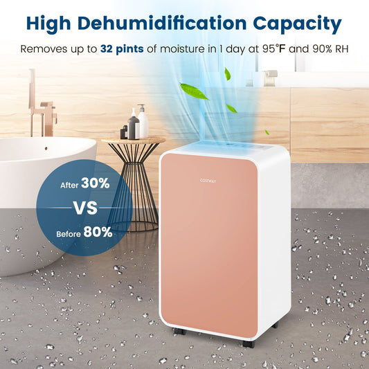 32 Pints/Day Portable Quiet Dehumidifier for Rooms up to 2500 Sq. Ft-Pink