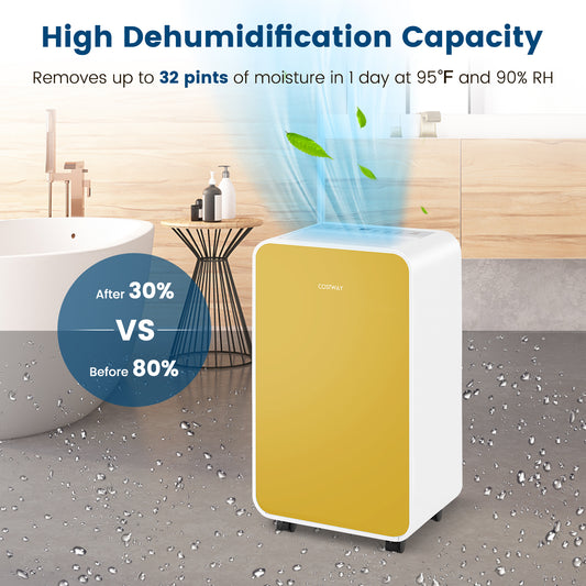 32 Pints/Day Portable Quiet Dehumidifier for Rooms up to 2500 Sq. Ft-Yellow