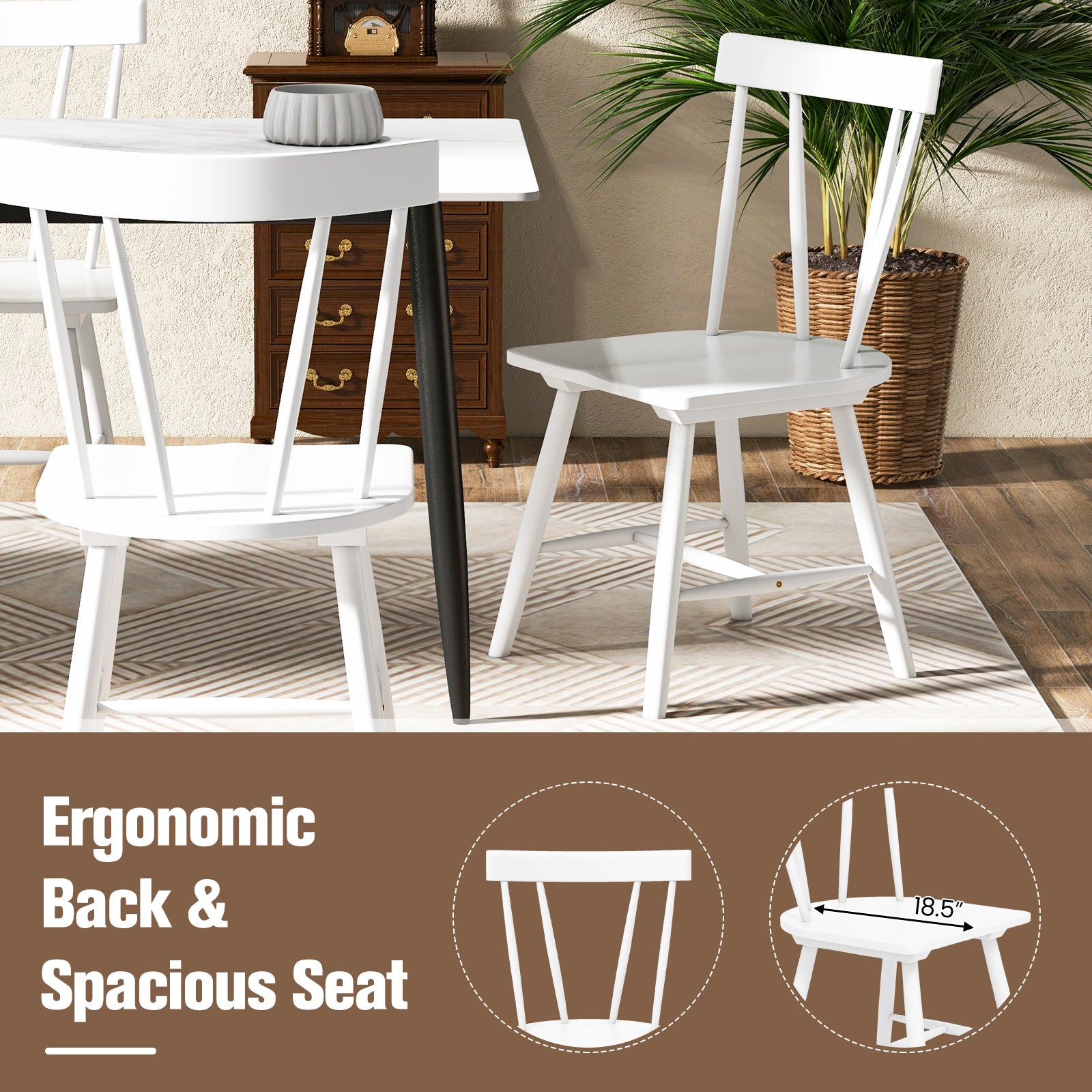 Windsor Style Armless Chairs with Solid Rubber Wood Frame-White