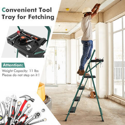 Folding 4-Step Ladder with Tool Tray Non-Slip Footpads and Pedals