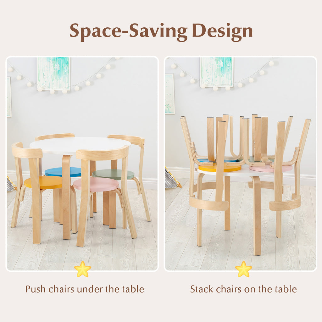 5-Piece Kids Wooden Curved Back Activity Table and Chair Set withToy Bricks