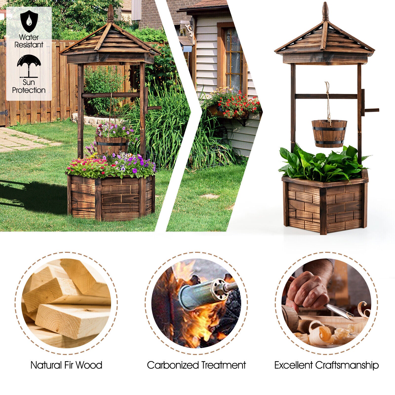Puits à Souhaits Rustique en Bois avec Seau Suspendu Ajustable - Marron