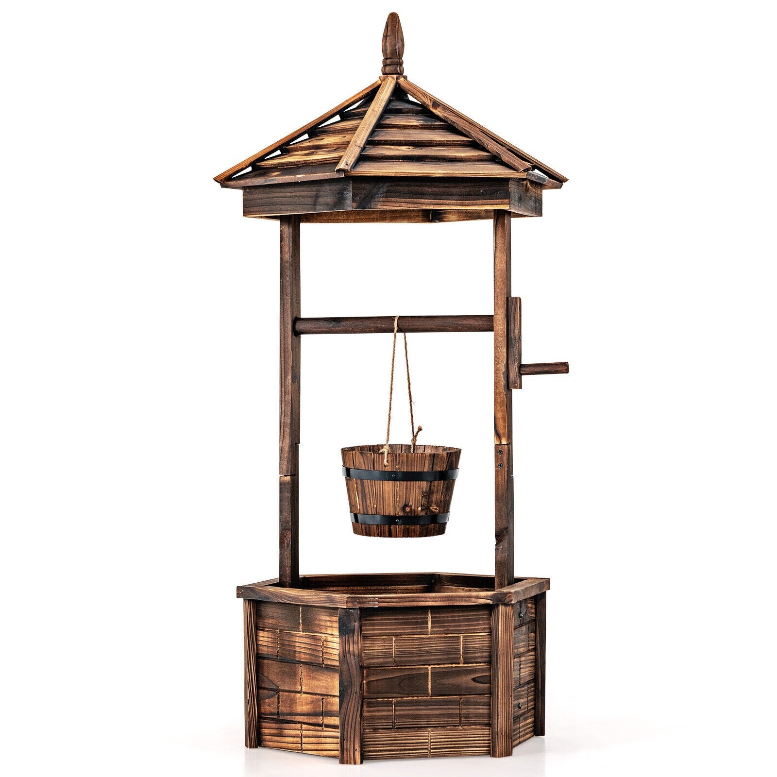 Puits à Souhaits Rustique en Bois avec Seau Suspendu Ajustable - Marron