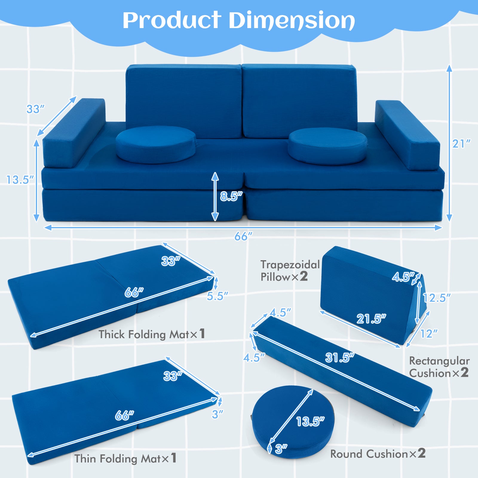 8-Piece Kids Play Couch Sofa with Portable Handle-Blue