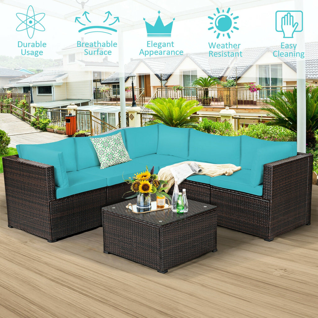 Ensemble de canapé 6 pièces pour mobilier de patio avec coussins pour l'extérieur - Turquoise
