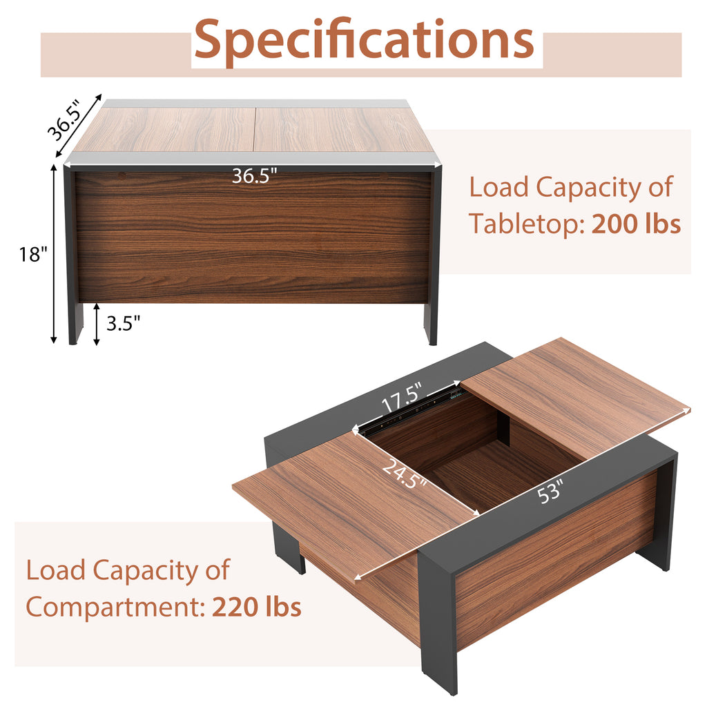 36.5 Inch Coffee Table with Sliding Top and Hidden Compartment-Walnut