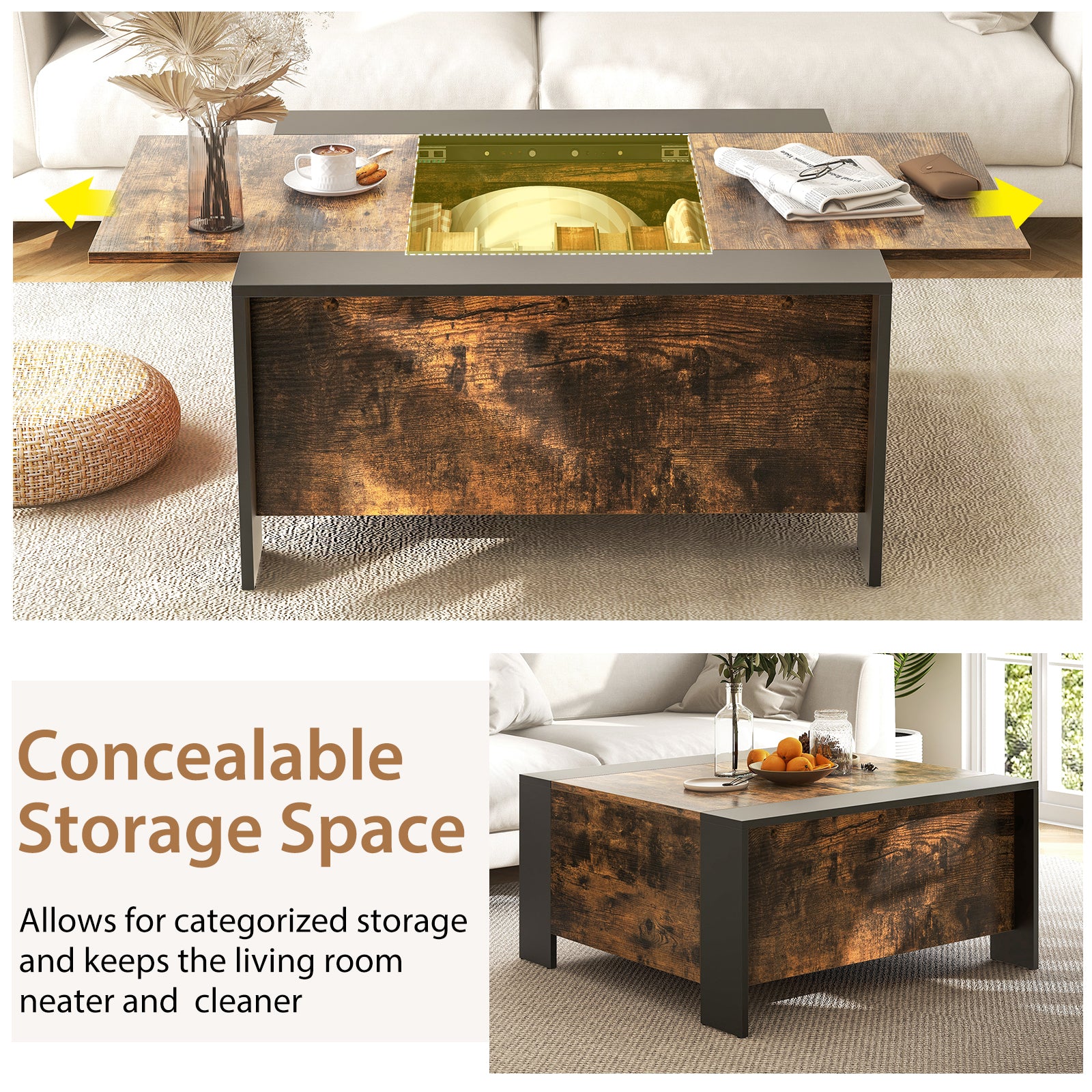 36.5 Inch Coffee Table with Sliding Top and Hidden Compartment-Rustic Brown