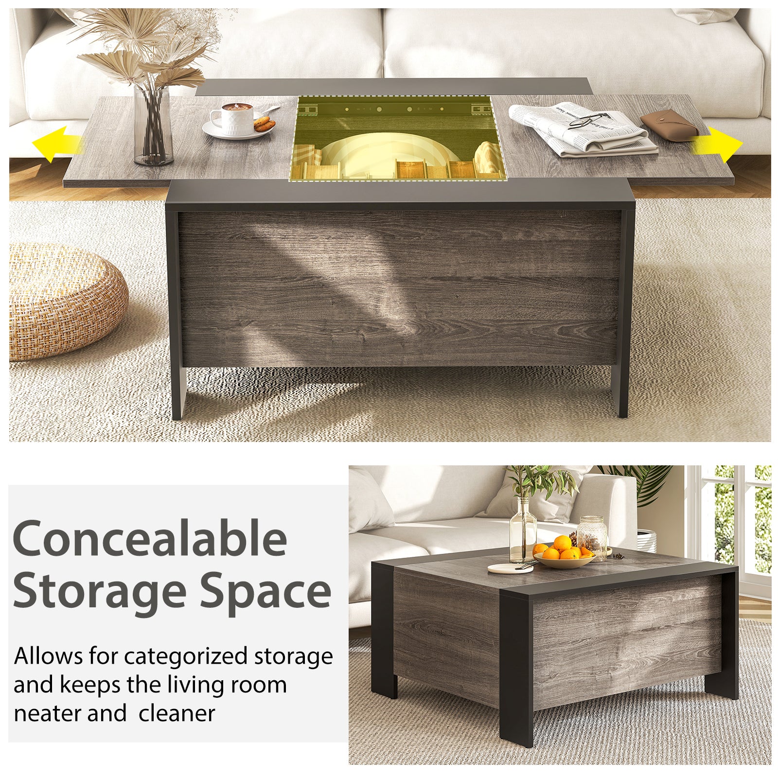 36.5 Inch Coffee Table with Sliding Top and Hidden Compartment-Gray