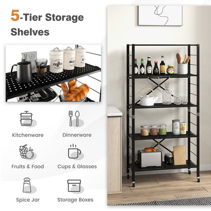 5-Tier Adjustable Shelves with Wheels for Garage Kitchen Balcony-Black