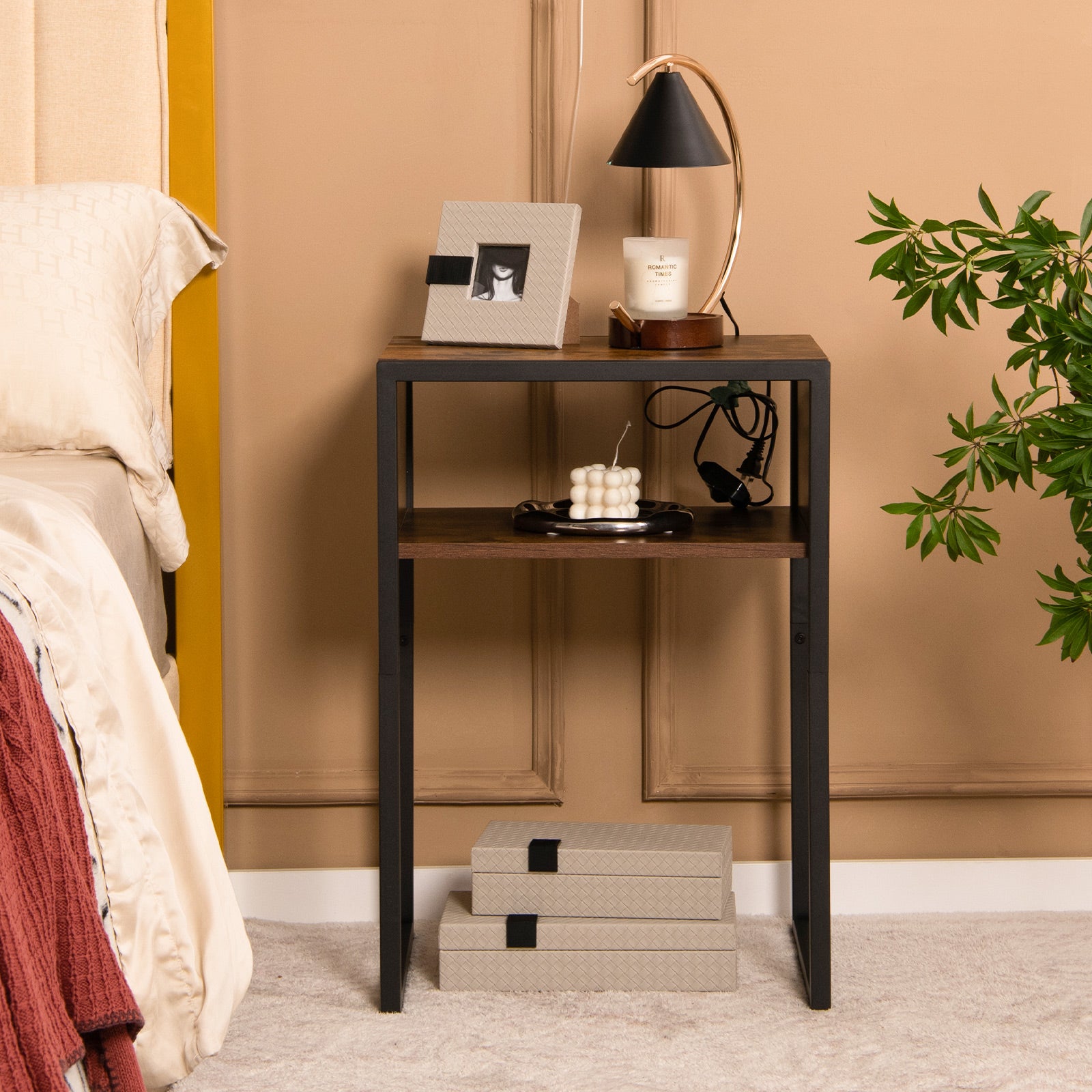 Industrial Side Table with Anti-Rust Steel Frame and Open Storage