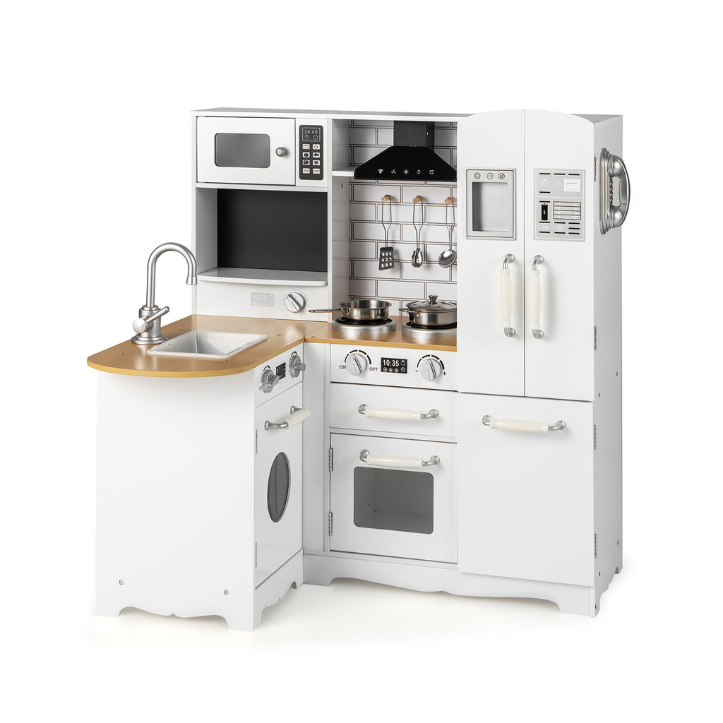 Wooden Kid's Corner Kitchen Playset with Stove for Toddlers-Natural & White