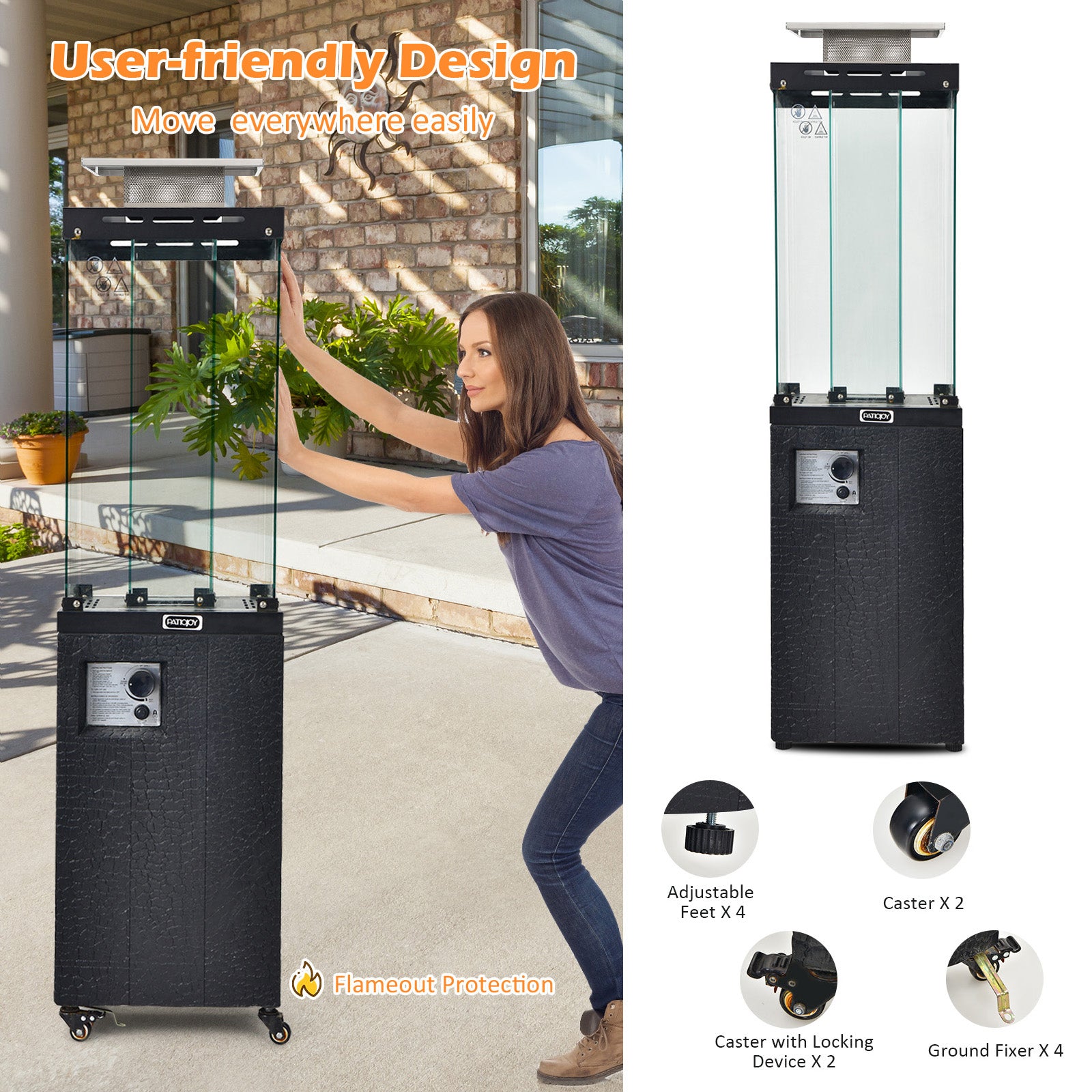 Chauffe-terrasse au propane de 41 000 BTU avec roulettes verrouillables - Noir