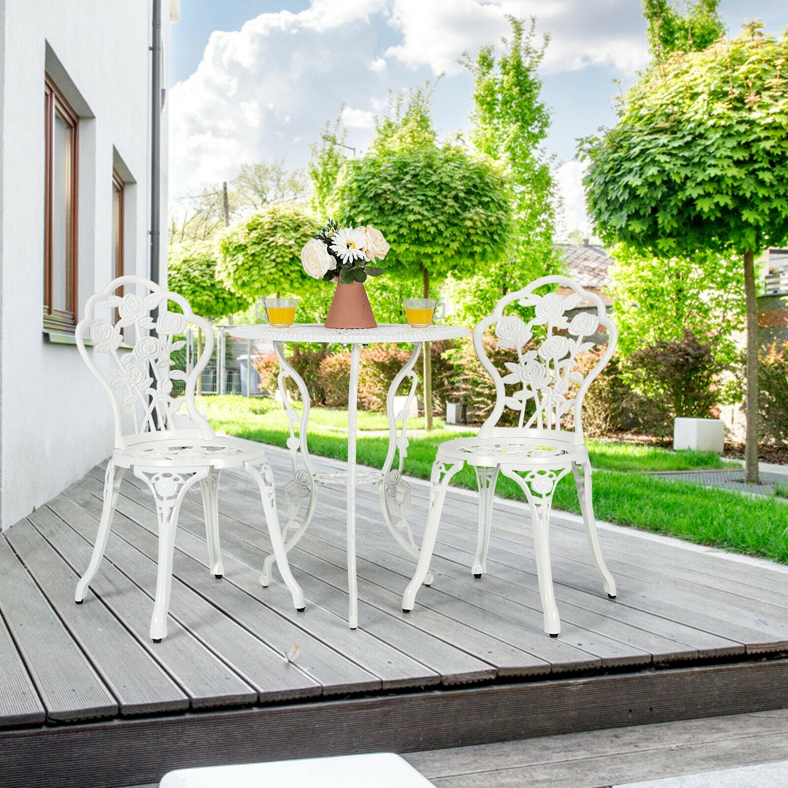 Ensemble de meubles de patio d'extérieur en fonte d'aluminium avec motif rose - Blanc