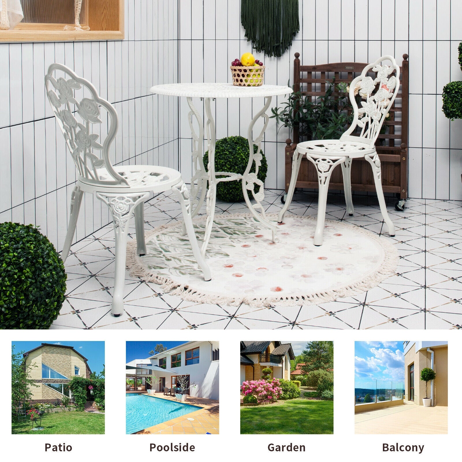 Ensemble de meubles de patio d'extérieur en fonte d'aluminium avec motif rose - Blanc