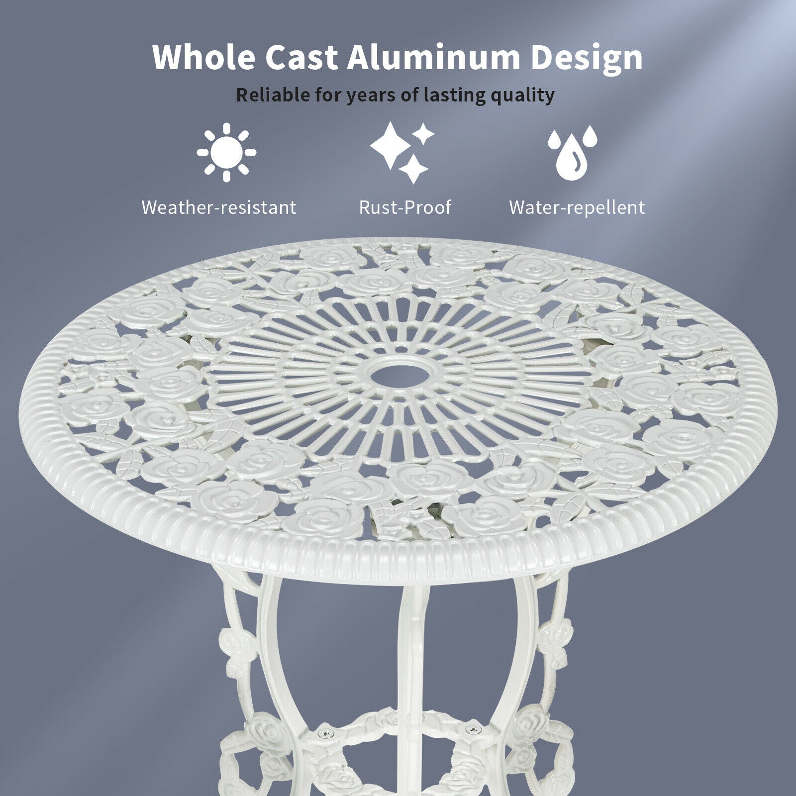Ensemble de meubles de patio d'extérieur en fonte d'aluminium avec motif rose - Blanc