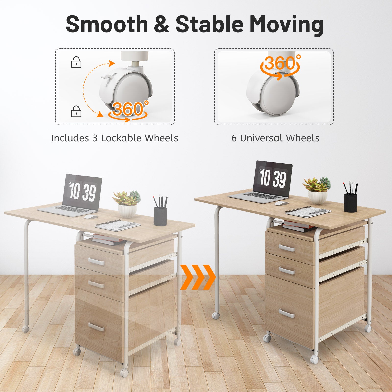 Folding Computer Laptop Desk Wheeled Home Office Furniture-Natural