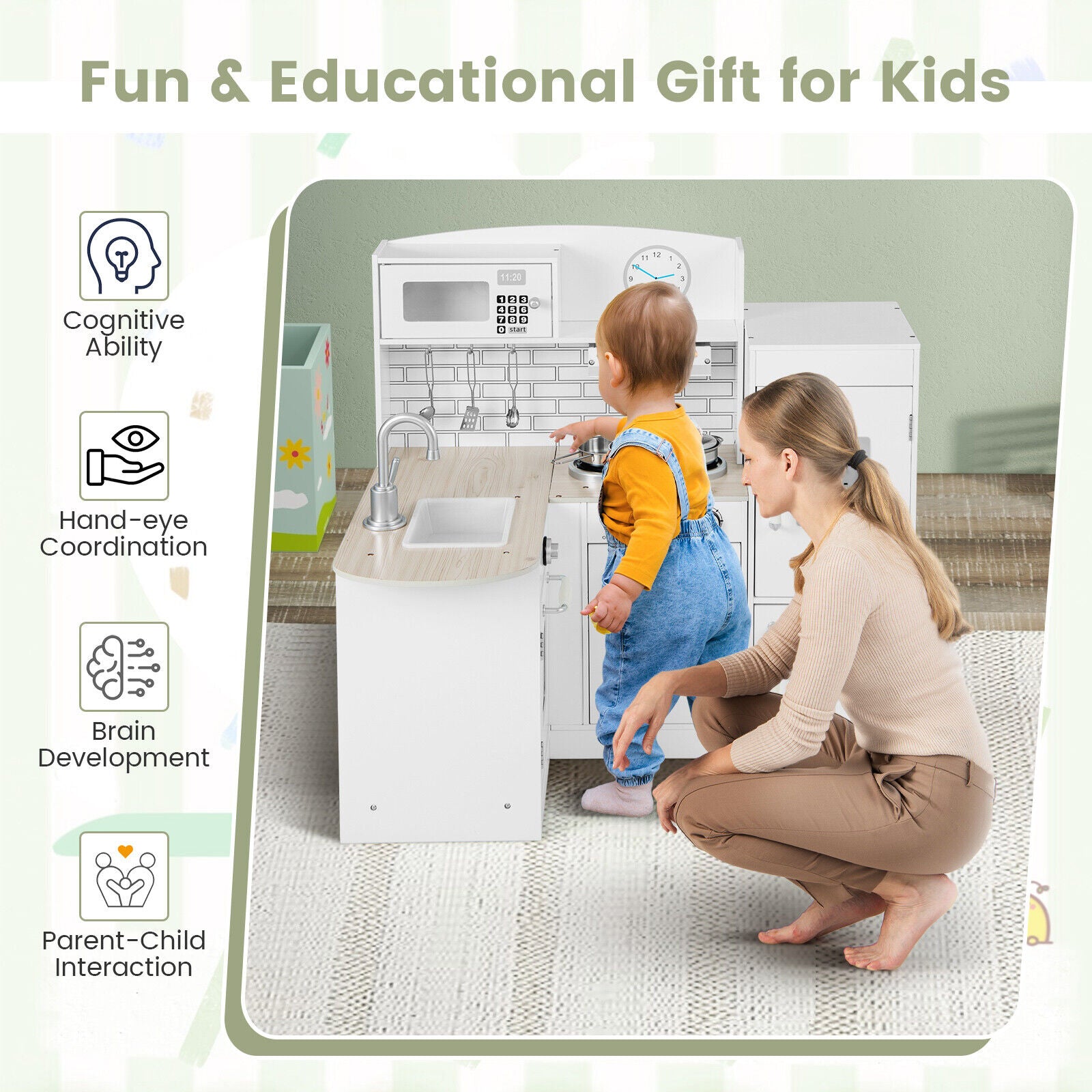 Kids Kitchen Playset Conor Kitchen Toy with Realistic Microwave and Oven Stove-Black & White
