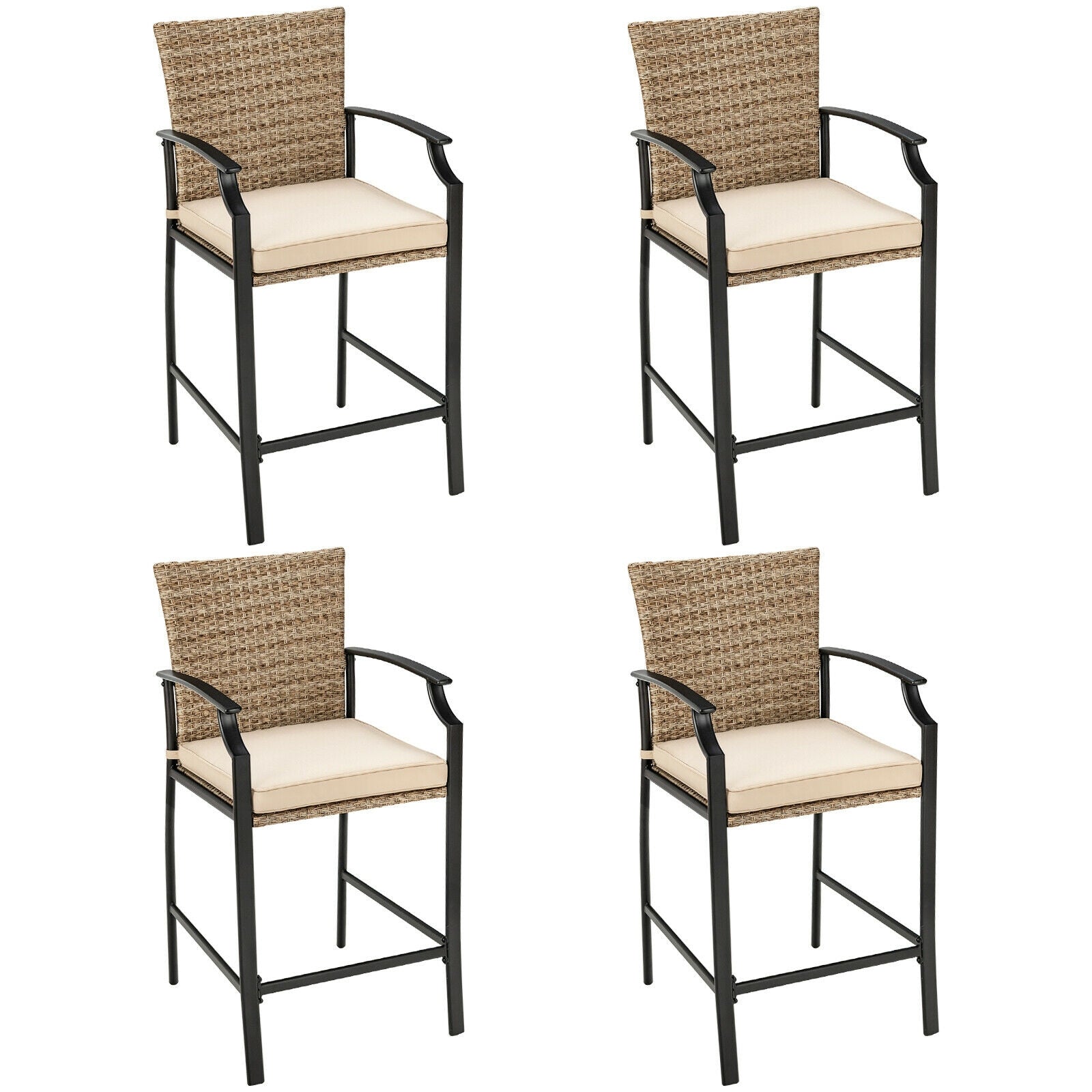 Tabourets de bar en rotin pour patio, lot de 4 avec coussins moelleux