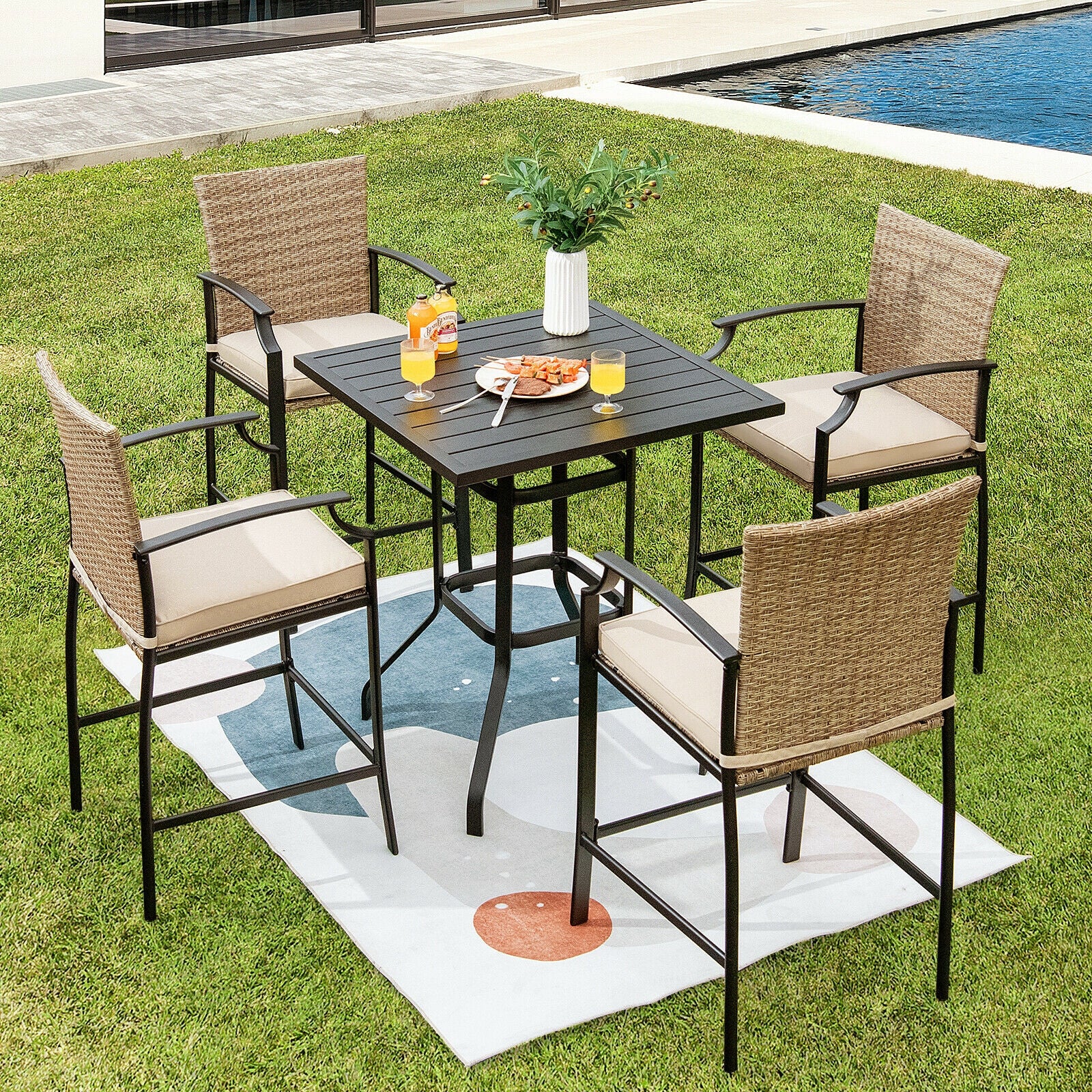 Tabourets de bar en rotin pour patio, lot de 4 avec coussins moelleux
