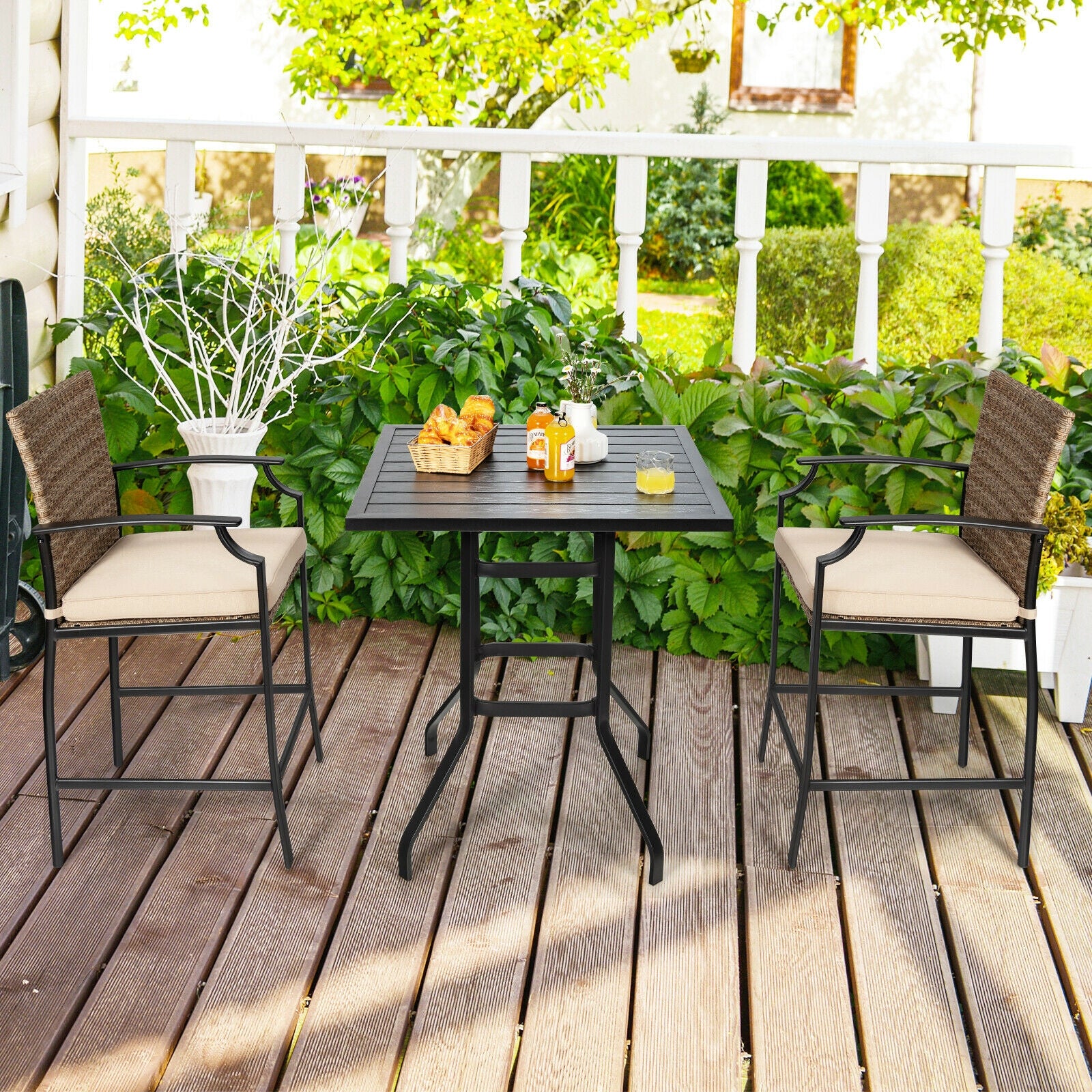 Tabourets de bar en rotin pour patio, lot de 4 avec coussins moelleux