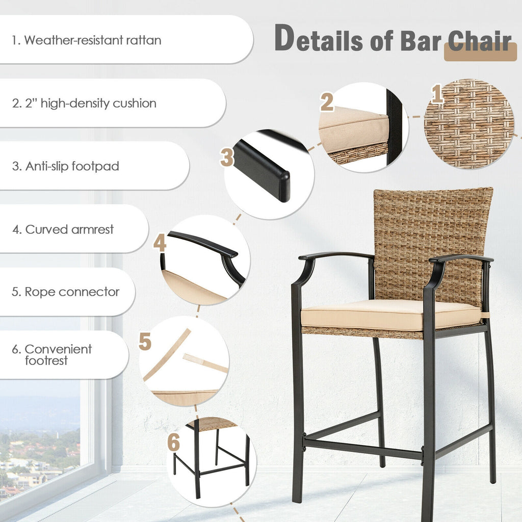 Tabourets de bar en rotin pour patio, lot de 4 avec coussins moelleux