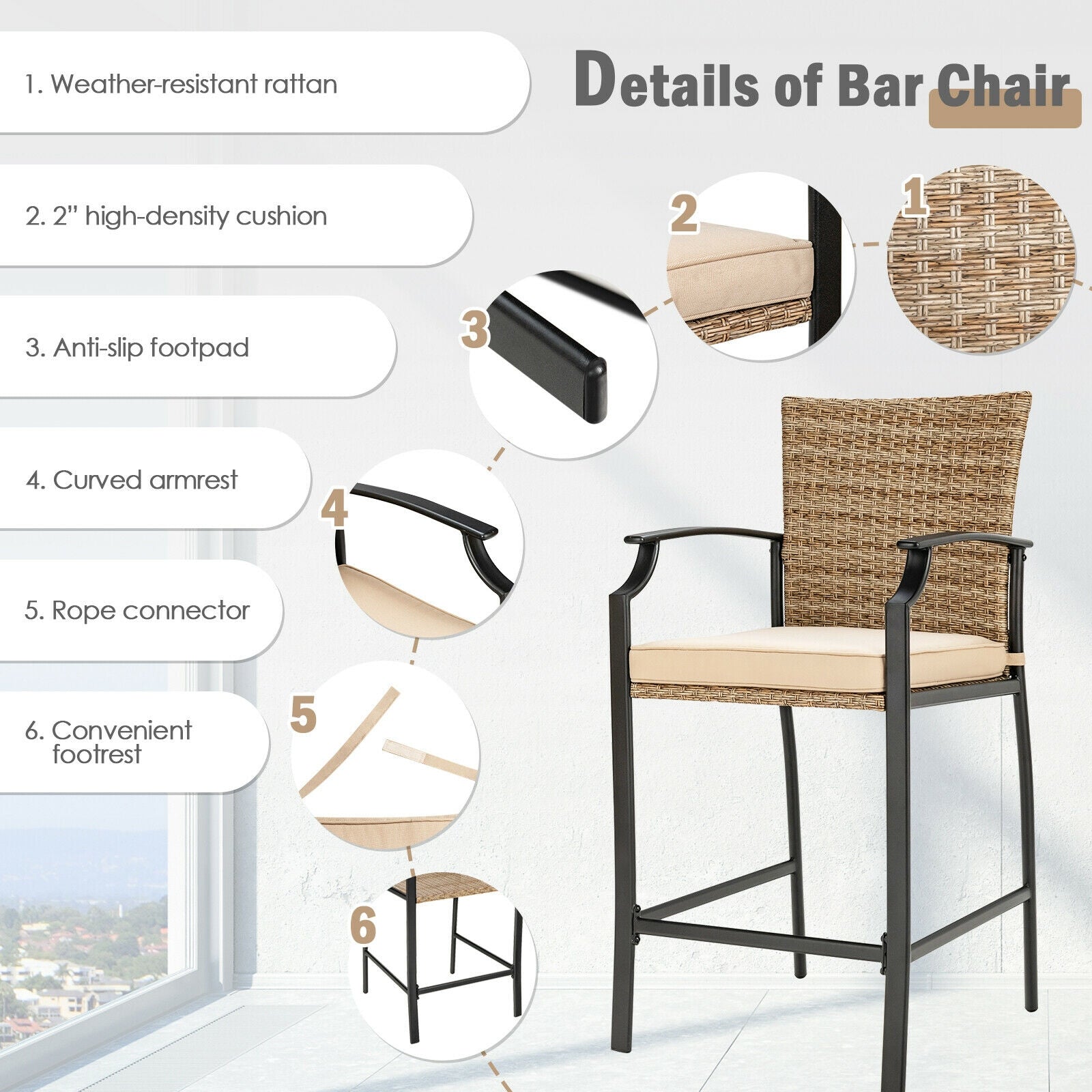 Tabourets de bar en rotin pour patio, lot de 4 avec coussins moelleux