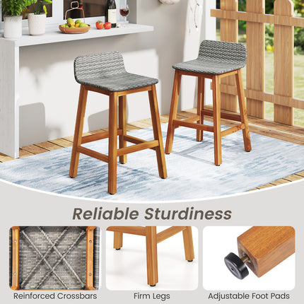 Solid Acacia Wood Bar Stools Set of 2 with Backrests and Footrests for Porch-Gray