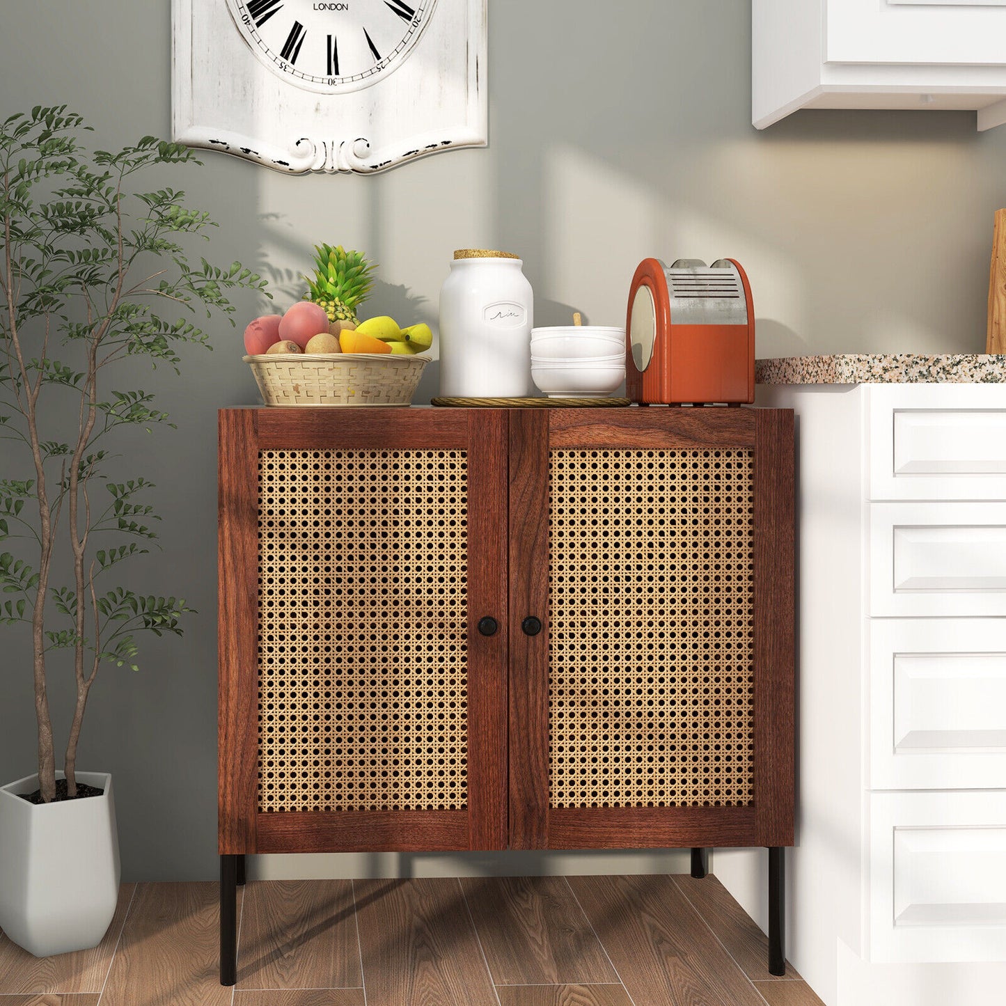 Kitchen Sideboard with 2 Rattan Doors and Adjustable Shelf-Walnut