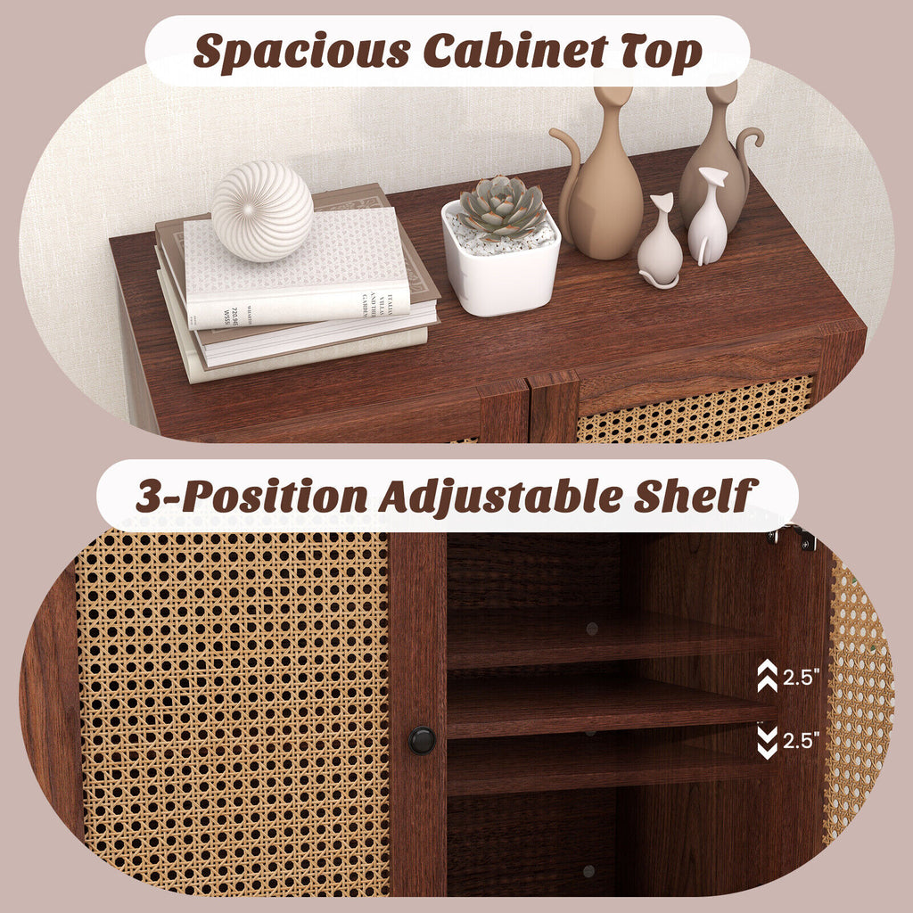Kitchen Sideboard with 2 Rattan Doors and Adjustable Shelf-Walnut
