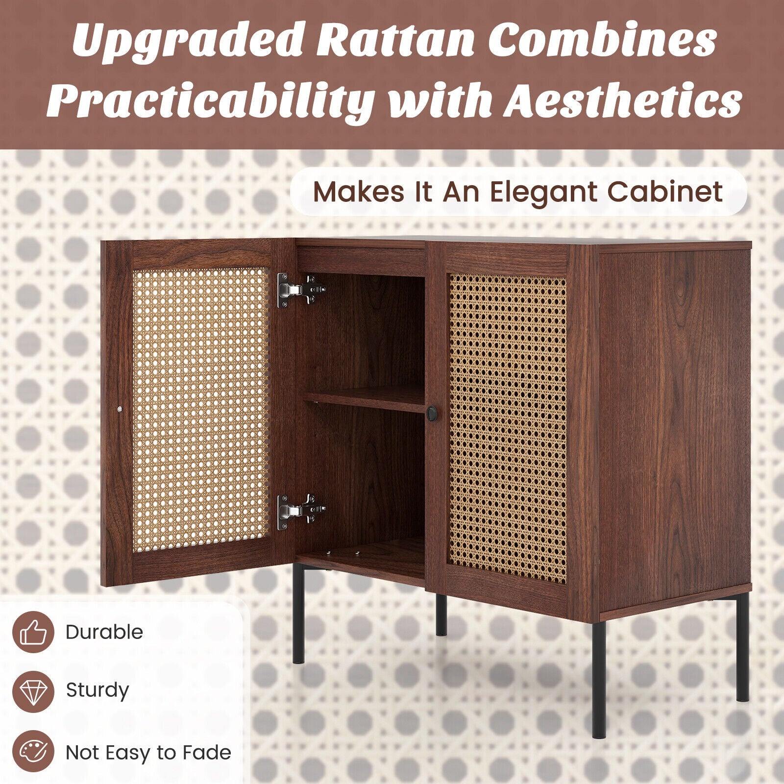 Kitchen Sideboard with 2 Rattan Doors and Adjustable Shelf-Walnut