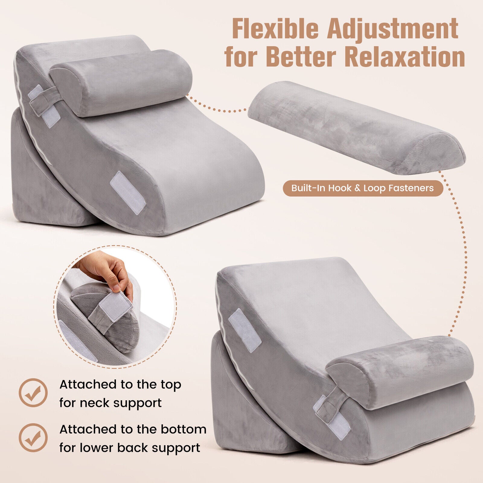 4 Pieces Bed Wedge Pillow for Back Neck and Leg Pain Relief-Gray