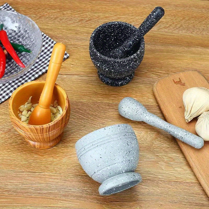 Mortar and pestle set on a wooden surface with ingredients