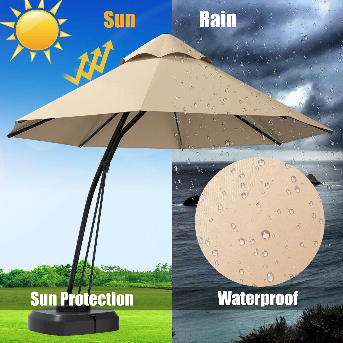 Parasol Déporté de 3,35 m avec Base et Roues - Beige