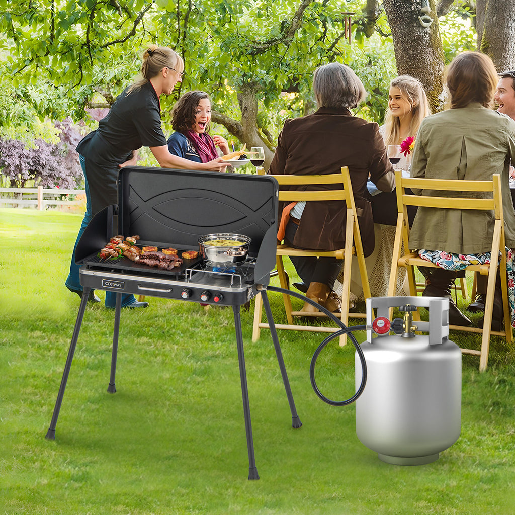 Grill et réchaud de camping à gaz 2-en-1 avec pieds détachables - Noir