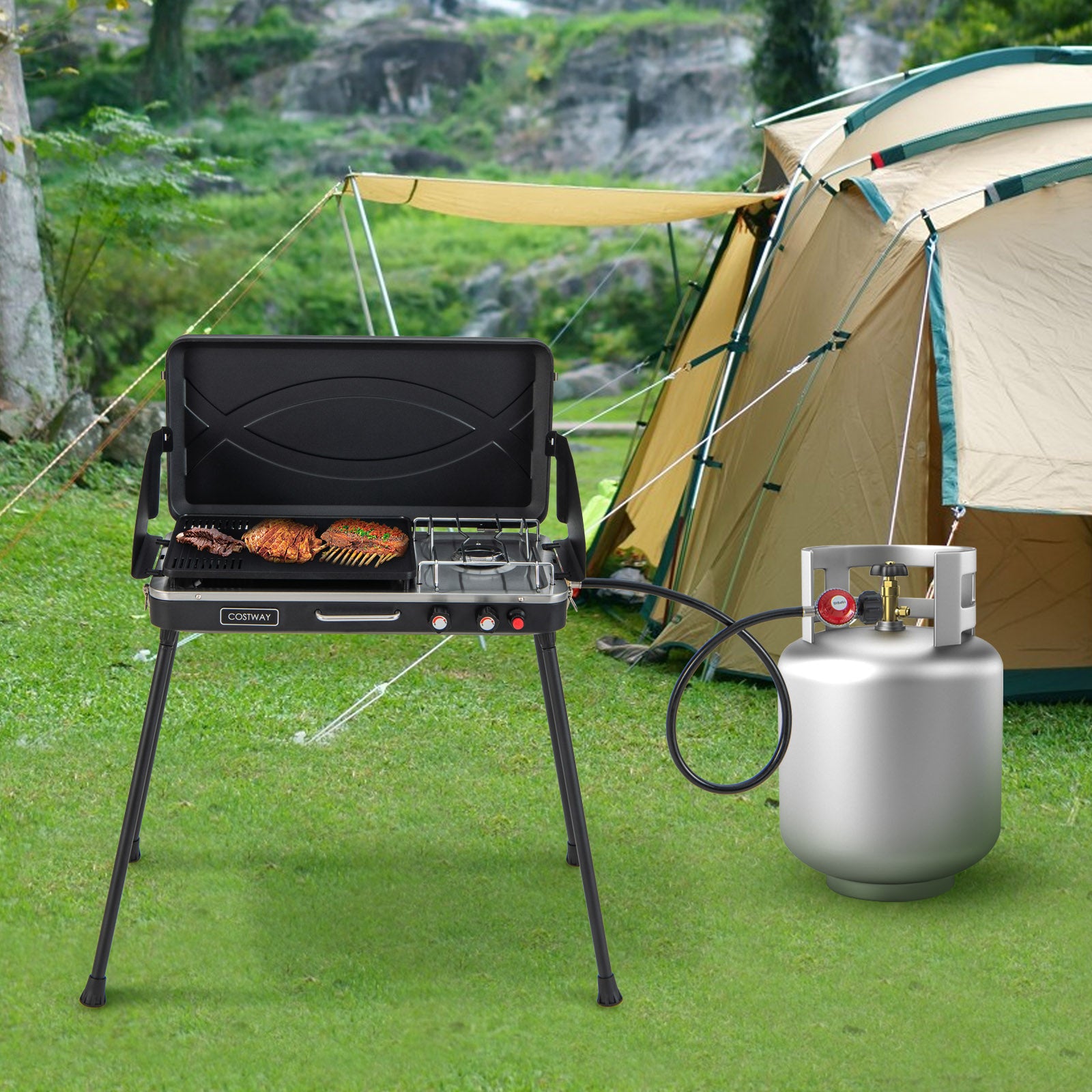 Grill et réchaud de camping à gaz 2-en-1 avec pieds détachables - Noir