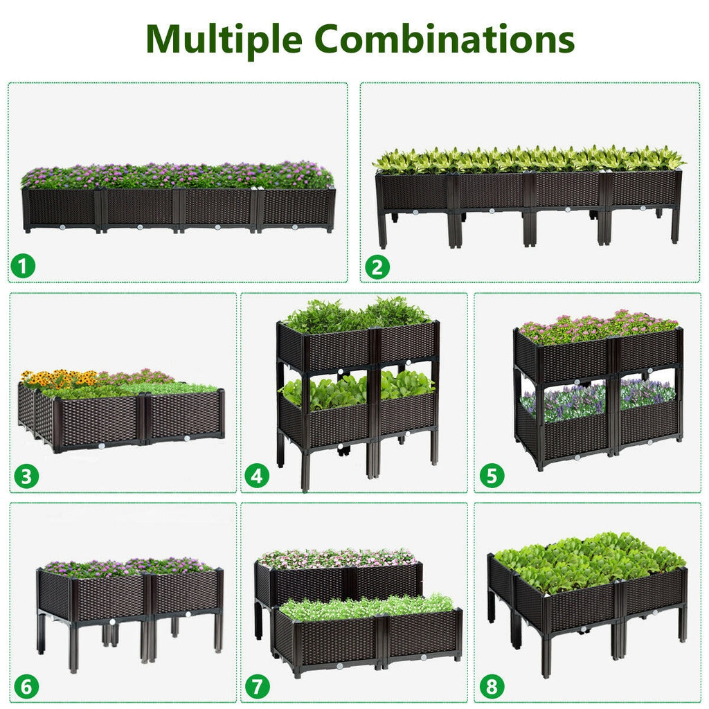Lot de 4 jardinières surélevées pour fleurs, légumes et herbes aromatiques - Marron