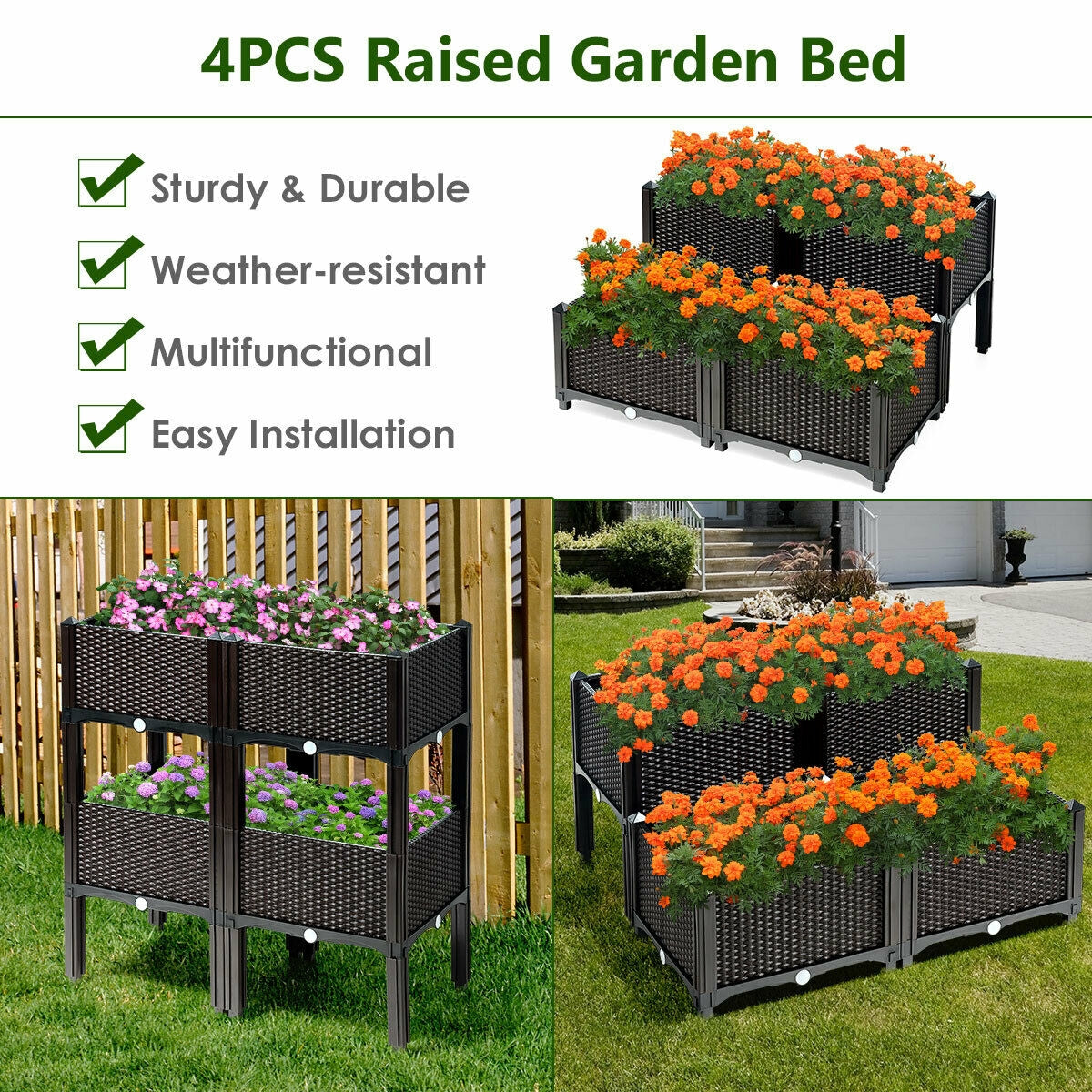 Lot de 4 jardinières surélevées pour fleurs, légumes et herbes aromatiques - Marron